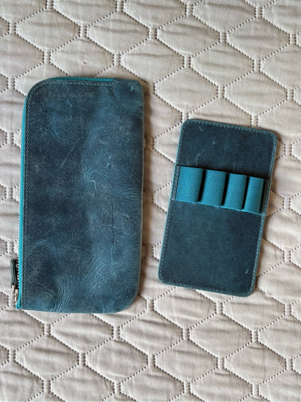 Galen Leather Ocean Blue Teal Leather Zip Wallet with Card & Pen Organizer